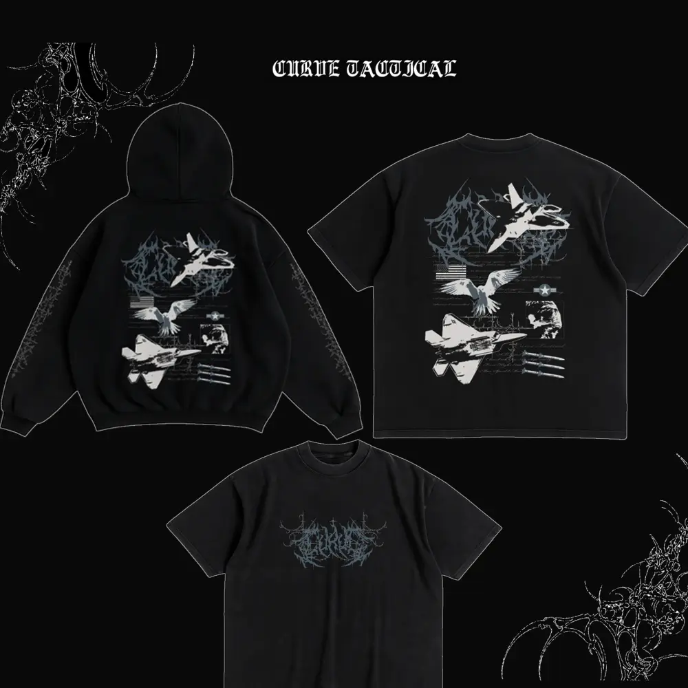 Curve Tactical F-22 Raptor Eagle Graphic Hoodie | Fighter Jet Gothic Streetwear Pullover | Oversized Military Sweatshirt | Black Vintage Wash | Grunge Aesthetic Unisex Top