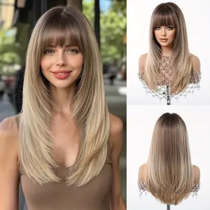 Women's Synthetic Full Machine Wig - Blunt Bangs, Medium Length Straight, Gradient Tawny, Matte Heat-Resistant Fiber, High-Temperature Rose Net Cap