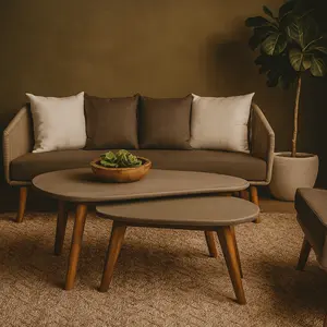 Gray Cement Stone Concrete Inspired Angled Oval End Table Outdoor Accent Table with Tapered Wood Legs