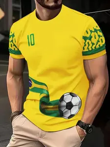 Men's Brazil Retro #10 Style Soccer Jersey, Flag & Football Graphic Print, Short Sleeve Football Shirt, World Cup 2026, Casual Fitted Top