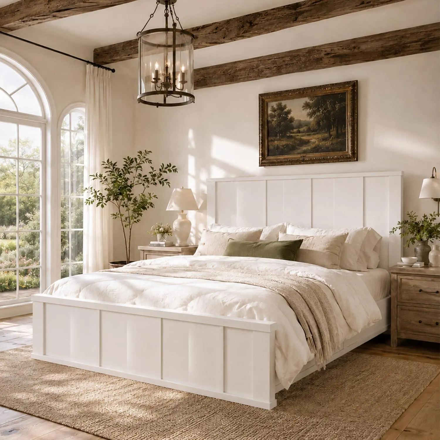 Queen Size Farmhouse Rectangular Bed Frame, 50" Tall Headboard, 16.4" Footboard, 800 lb Support, 12 Wood Slats, No Box Spring Needed, Quiet Stable, White