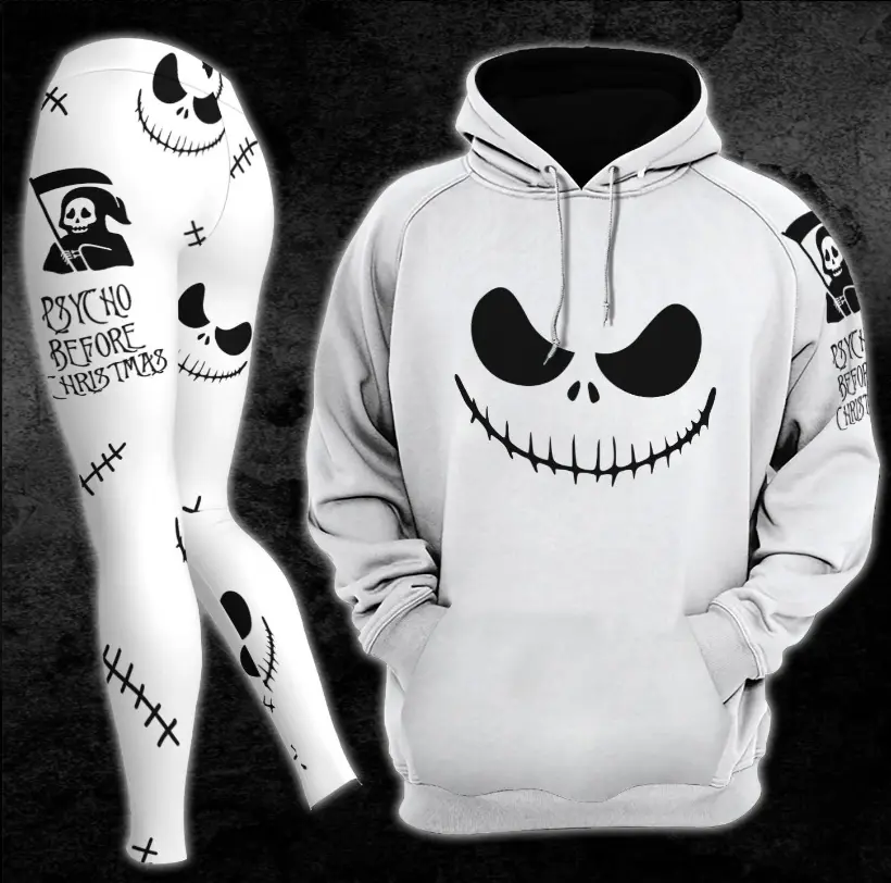 Black White Spooky Christmas Hoodie and Leggings Set, Festive Horror Graphic Pullover and Matching Pants, Gothic Winter Outfit, Cozy Women's Two Piece Set