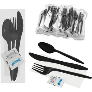 100 Pack Plastic Cutlery Packets, Knife Fork Spoon Napkin Salt Pepper Sets, Individually Wrapped Black Plastic Cutlery Packets For Delivery,Cafeterias,Restaurants