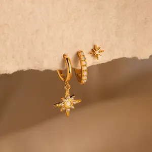Opal Starburst Earrings Set by Caitlyn Minimalist - Star Charm Stacking Hoop Earrings - Boho Opal Jewelry - Best Friend Gift