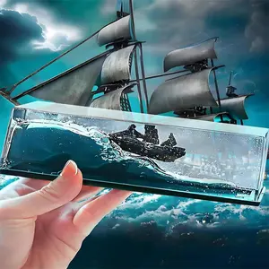 Pirate Ship Design Fluid Drift Bottle Ornament, 1 Count Creative Acrylic Desktop Decoration for Living Room Bedroom Office Theme, Interior Decoration Accessories, Desktop Statue
