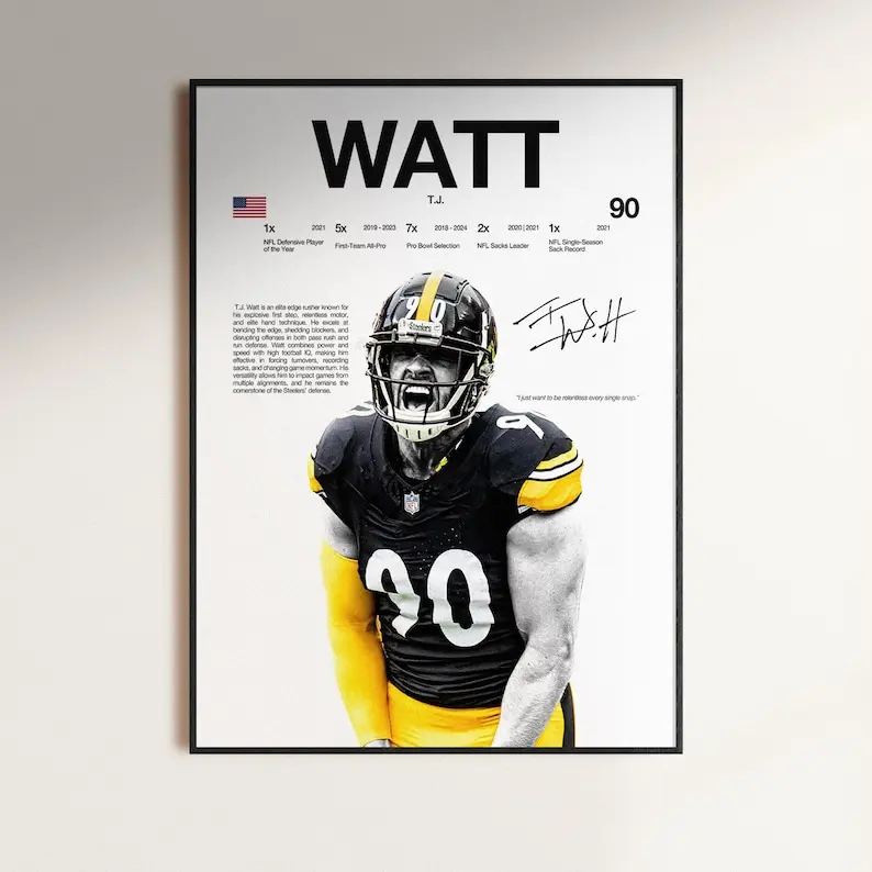 TJ Watt Poster,  Wall Print, Football   Poster Print, Sports Decor, Pittsburgh Steelers Poster, Football Gift