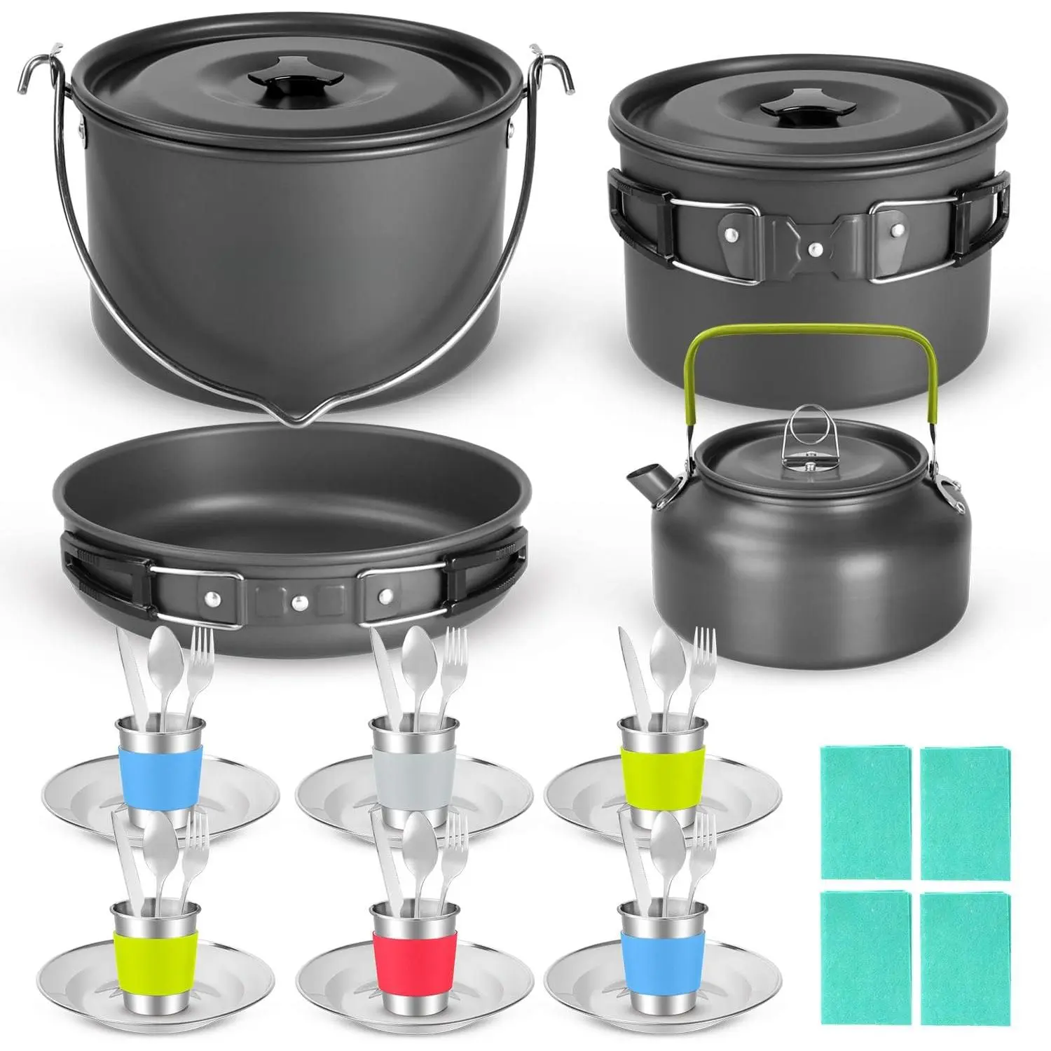 39pcs Camping Cookware Mess Kit, Non-Stick Large Size Hanging Pot Pan Kettle with Base Dinner Cutlery Sets for 6 and More, Cups Dishes Forks Spoons Kit for Outdoor Camping Hiking Picnic