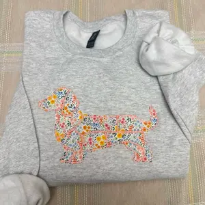 Dachshund appliqué spring floral embroidered sweatshirt embroidered sweatshirt spring doggie cute floral dog embroidered sweatshirt