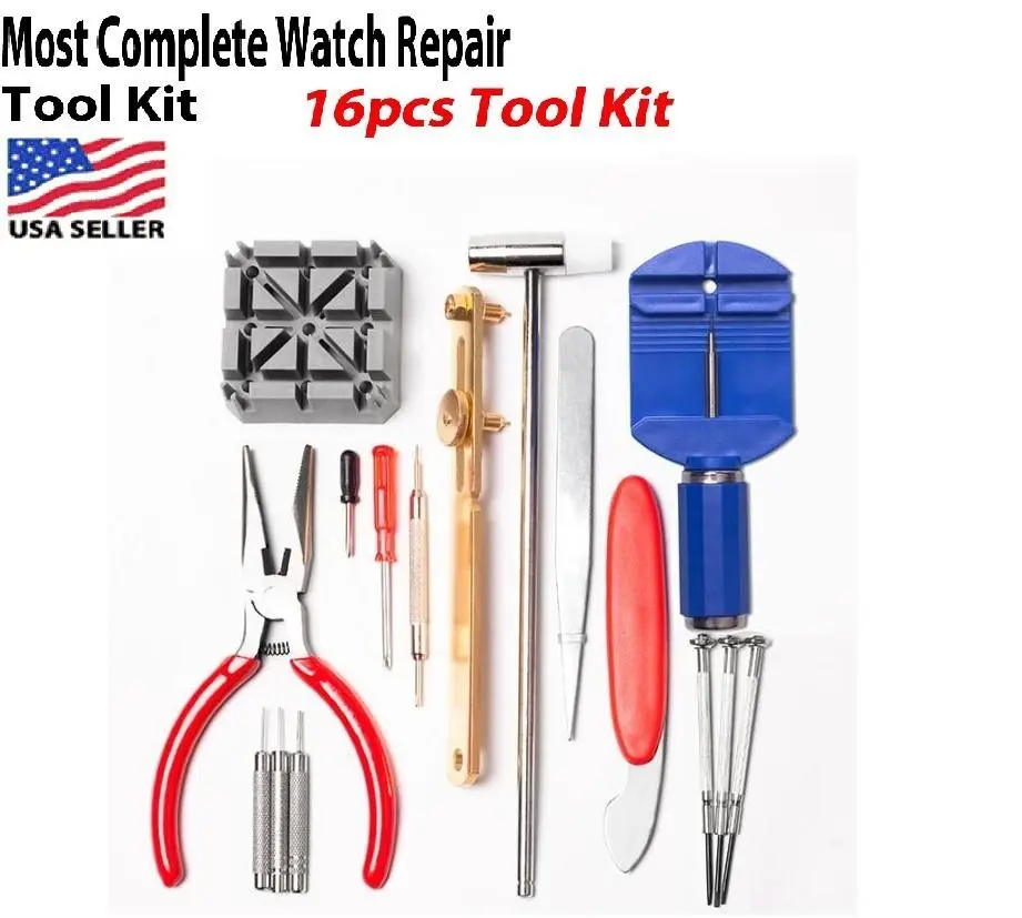 16pcs Watch Repair Tool Kit - Back Opener, Band Pin Remover, Watch Link Removal Kit, Soft Work Pad, Spring Bar Tool, Link Pin Punch, 5 Screwdrivers, Bands for Minor Repairs, Opens up to 1 3/4 in for Batteries