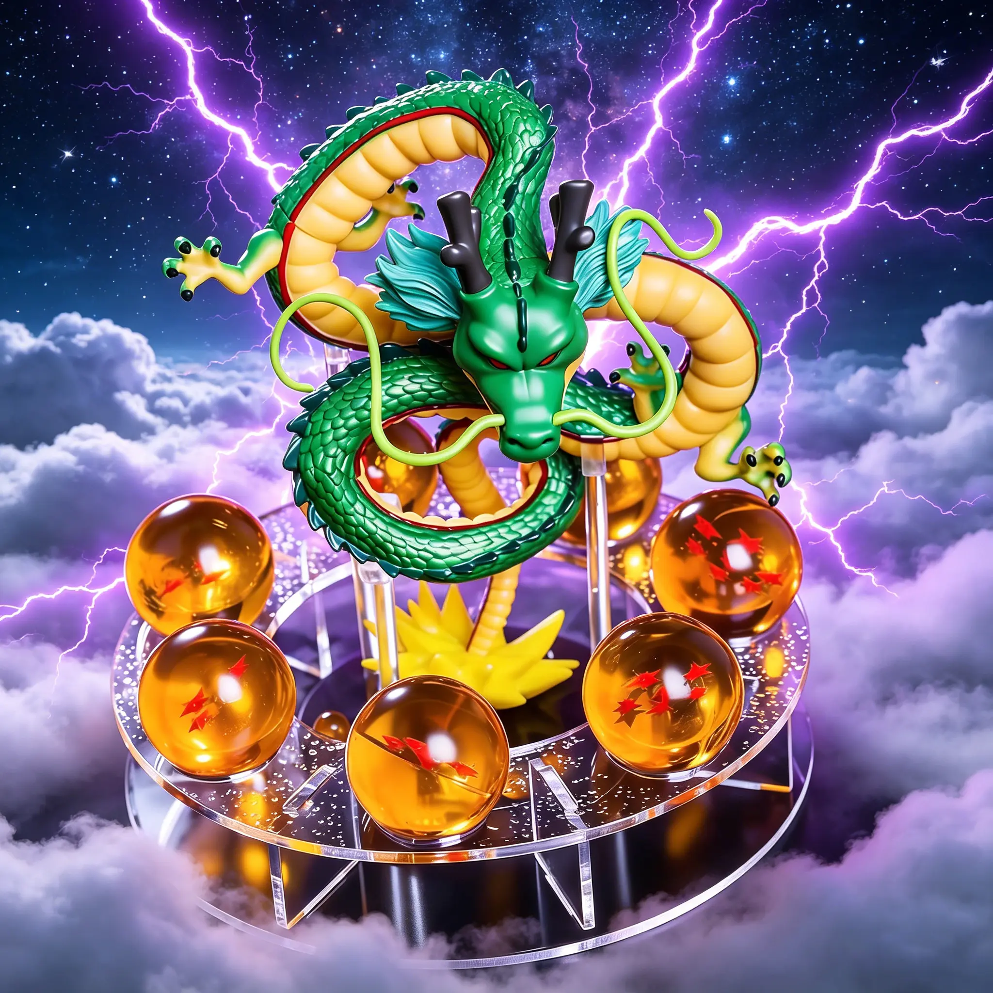 DBZ Themed Mythical Dragon PVC Resin Statue Set, 7pcs 3.6cm Transparent Glossy Crystal Balls, Acrylic Display Stand, Classic Star-Inspired Room Decor, Unique Gift for Mythical Fans, Fantasy Art Lovers