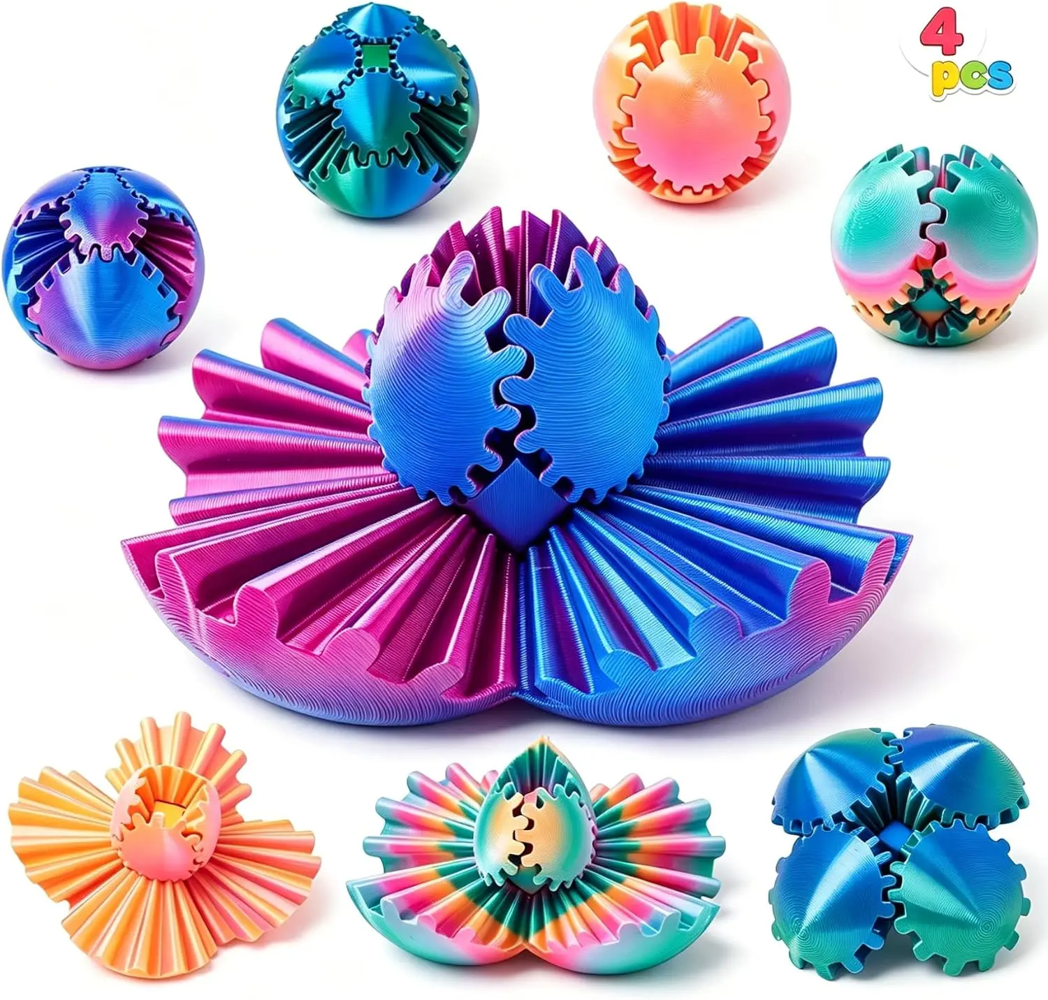 JOYIN 4PCS 3D Printed Gear Sphere Fidget Toy, Steampunk Whirling Gear Sphere Stress Relief Ball for Kids & Adults, Unique Birthday Gifts, Office Desk Decompression Toy, Classroom Rewards, Party Favors