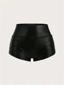 Women's Solid Color Stretch Fitted Shorts, Fashion Casual Skinny Shorts PU Leather Shorts for Daily Outdoor Wear, Ladies Bottoms for All Seasons, Casual Fashionable Shorts