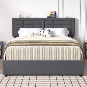 VECELO Bed Frame with Adjustable Button Tufted Headboard, Modern Upholstered Bed Frame with Wooden Slats Support Platform Bed Twin Full Queen Size No Box Spring Needed, Easy Assembly
