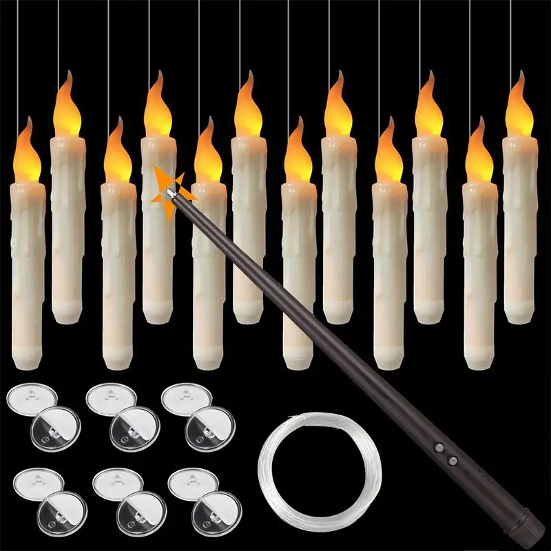 Flameless Taper Floating Candle LED Lights, Flameless LED Taper Candle Lamp With Magic Wand Remote Timer, Cozy Lighting, Hanging up Taper Candle LED L
