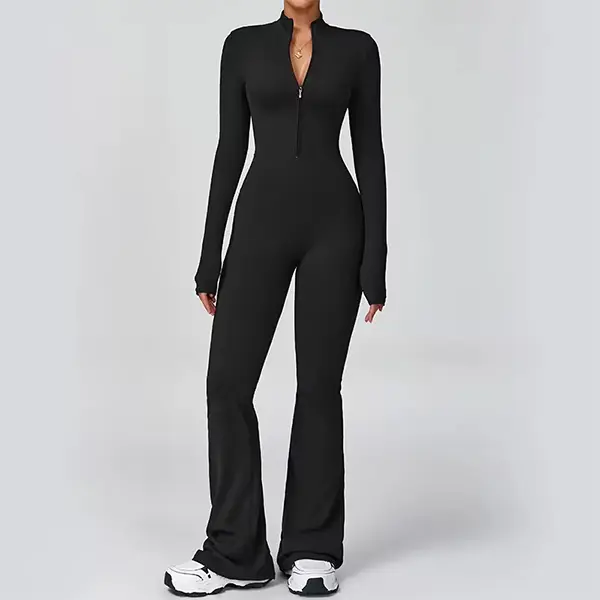 Fitness Long Sleeve Flare Workout Jumpsuit with Zipper Front High Waist for Women Comfortable Nylon Fabric Full Length Flare Jumpsuit for Gym Yoga and Casual Wear