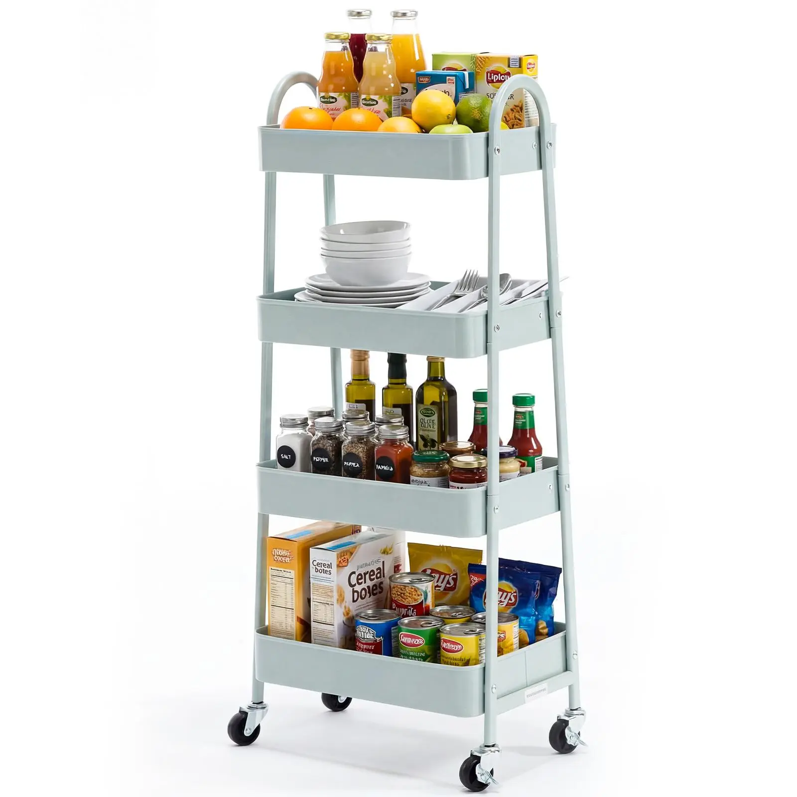 4-Tier Metal Rolling Cart with Lockable Wheels – Mobile Storage Organizer for Kitchen, Office, Bathroom |White/Green/Gray/Pink| Slim Fit for Narrow Spaces | 10Min Assembly
