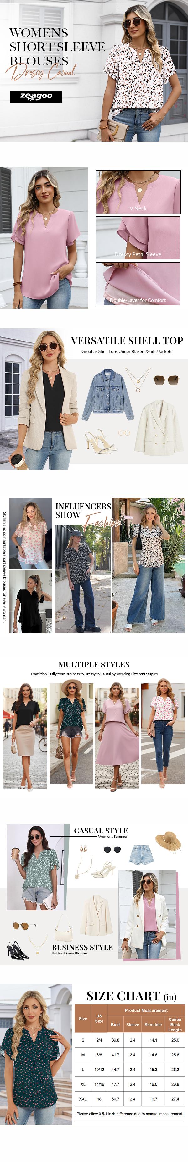 Womens Dressy Casual Shirts Short Sleeve V Neck Work Blouse Business Casual Summer Chiffon Tops Double-Layer for Comfort Dressy Petal Sleeve 2026 spring