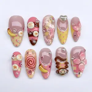 Sweet Banana Candy Press-On Nails, 3D Bow & Lollipop Art, Pink Jelly Dessert Design, Cute Monkey Charm, Kawaii Pastel Handmade Nail Set
