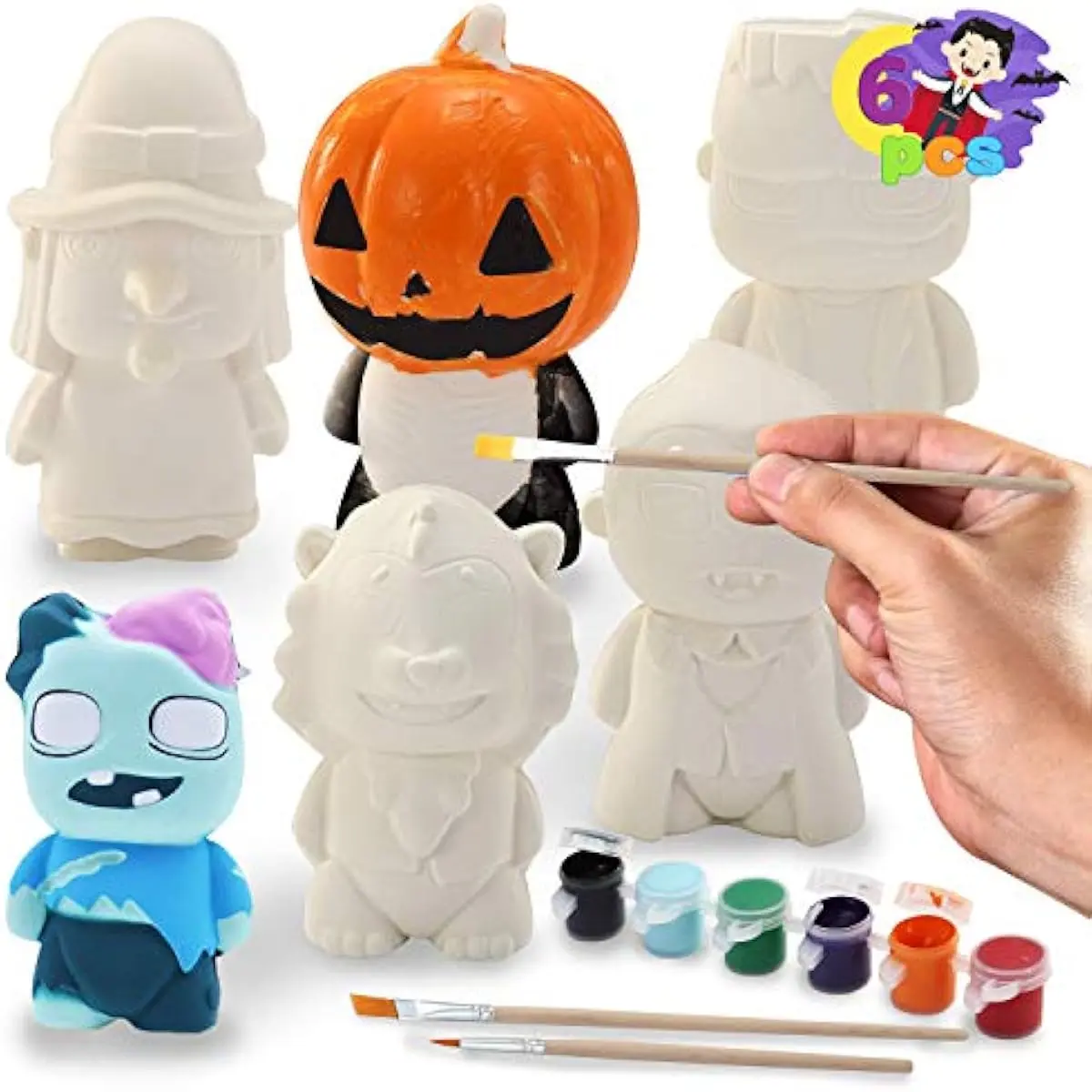 Halloween Squishy Toys Coloring Craft Kit with 6 Different Characters, 6 Colors Paints, and 3 Paintbrushes, Art Craft Painting Kit DIY Set Halloween Party Games for Kids Activities Party Favors