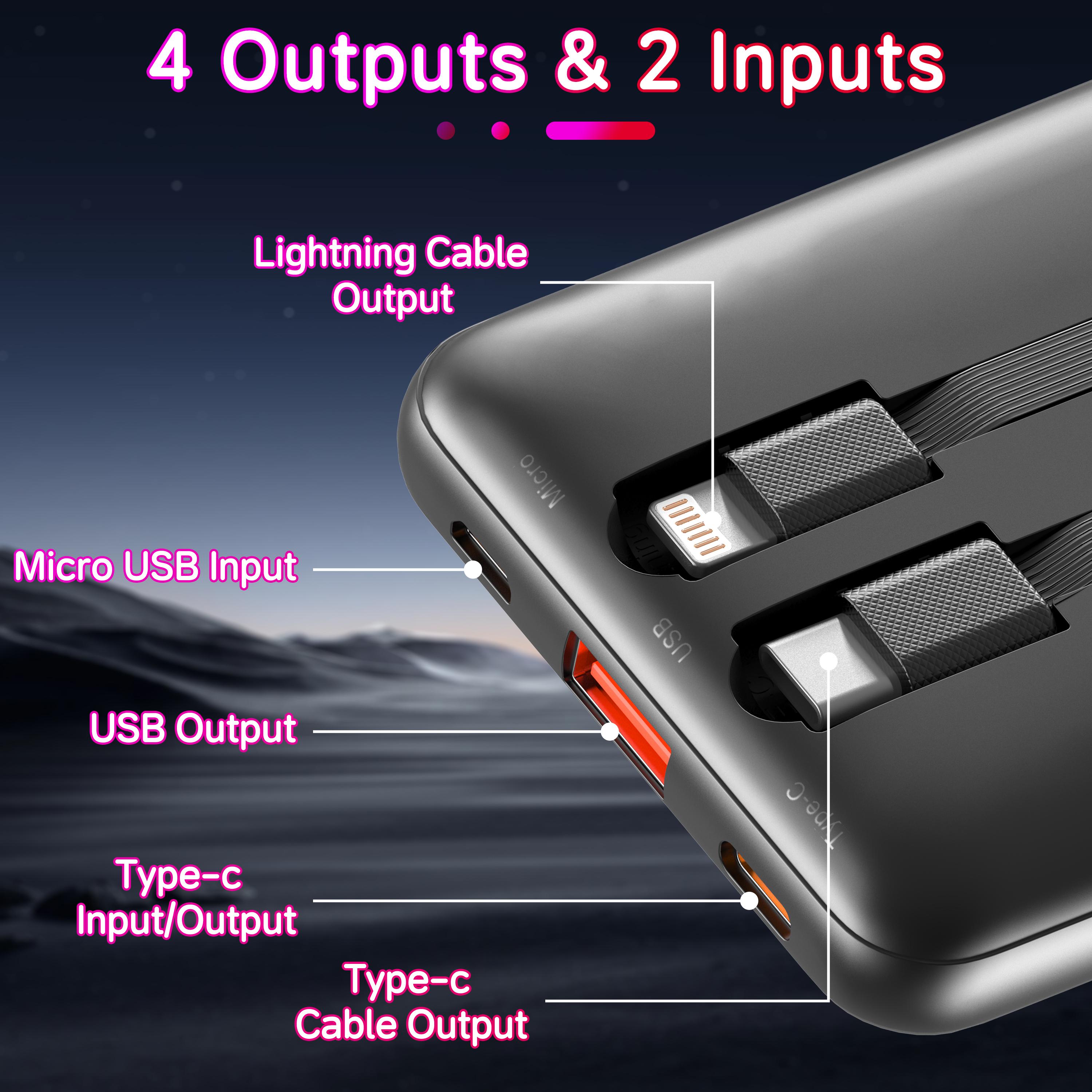 Slim Travel Battery Pack 10000mAh, Portable Charger with Built-in Cables, 4 Outputs 2 Inputs, 22.5W Fast Charging for iPhone, Samsung, Google Pixel Power Bank Electronics Accessories