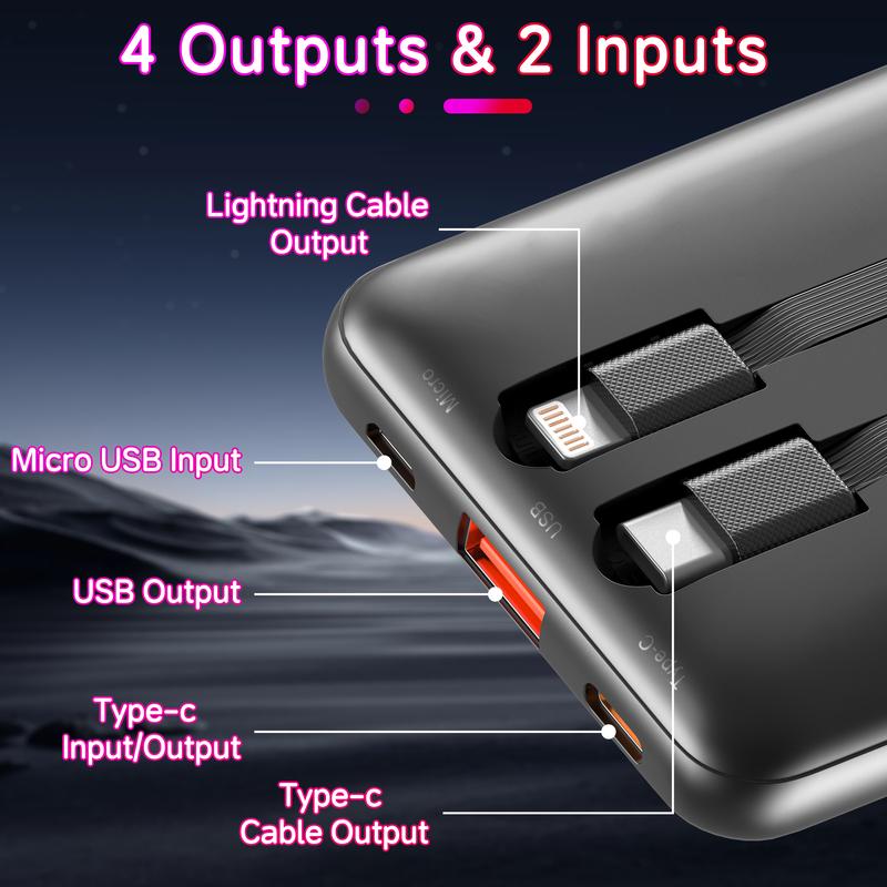 Slim Travel Battery Pack 10000mAh, Portable Charger with Built-in Cables, 4 Outputs 2 Inputs, 22.5W Fast Charging for iPhone, Samsung, Google Pixel Power Bank Electronics Accessories