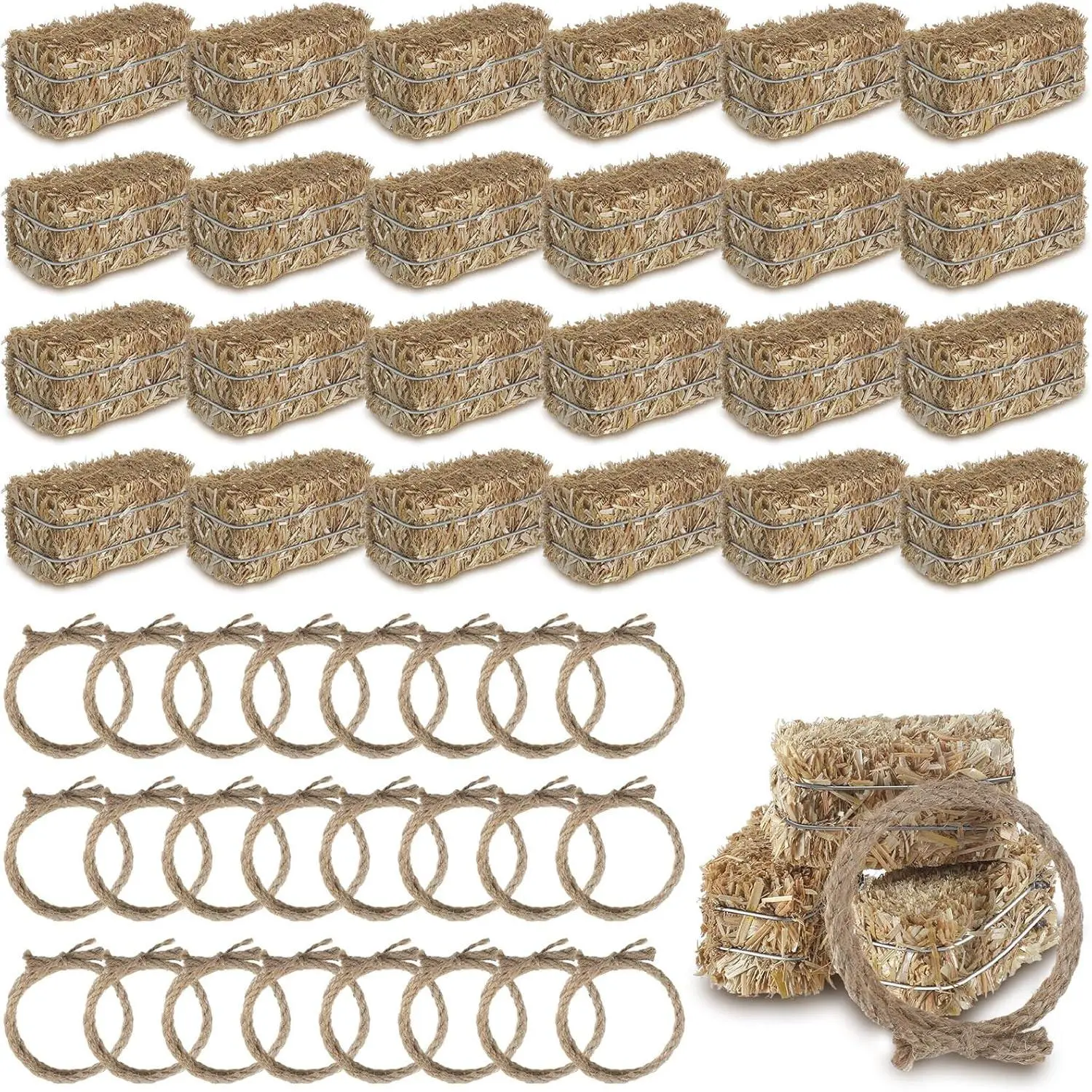 24 count Western Themed Party Decorations 12 Mini Decorative Hay Bales with 12 Twisted  Rope for Cowboy Table Centerpieces Horse Rodeo Fall Harvest Craft, 1.2 x 2.6 x 1.2 Inch Each