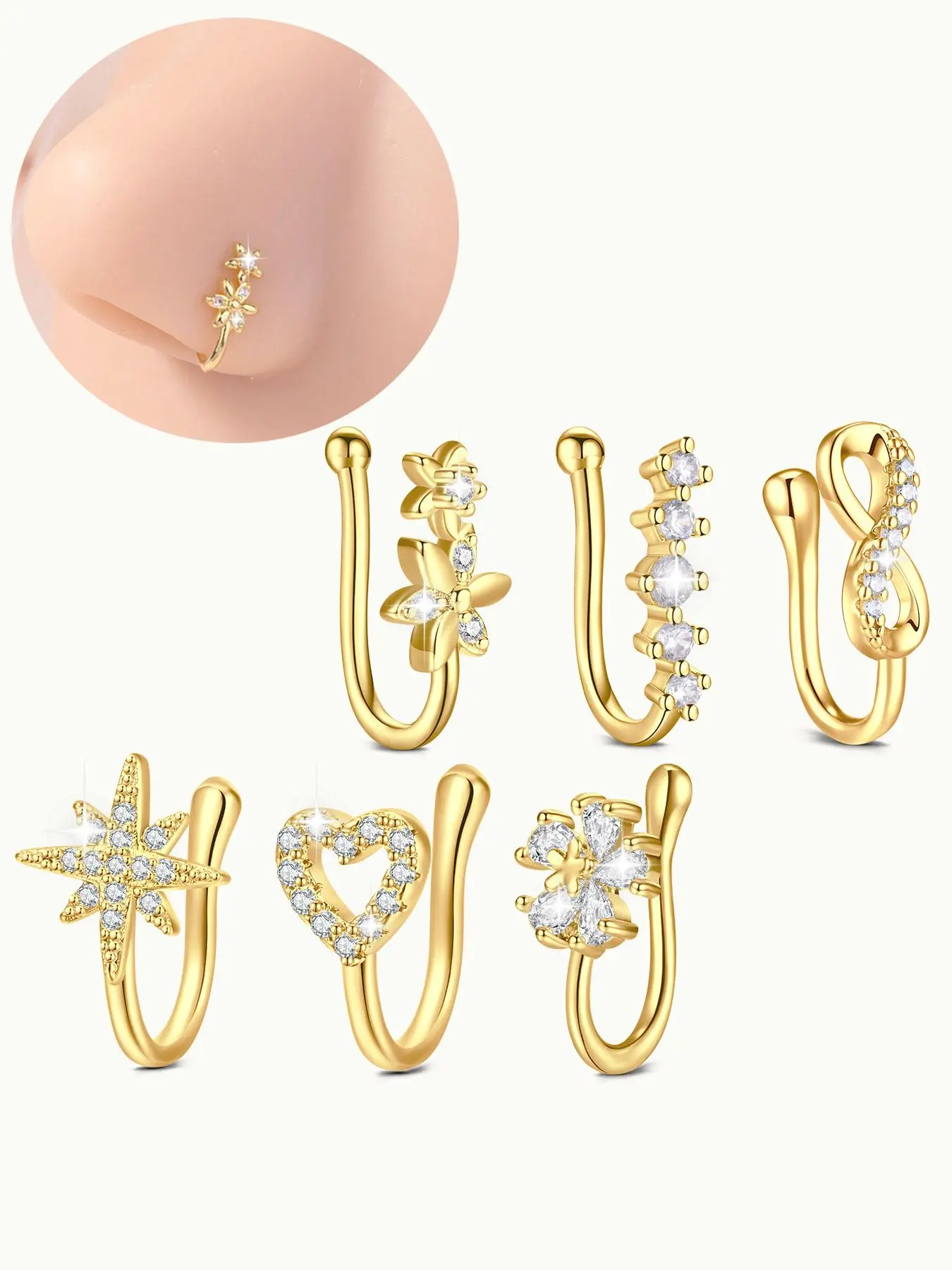 No Piercing Jewelry for Women & Men, U Shape Nose Clips Nose Cuff with Rhinestone Heart Flower Decoration, Body Jewellery, Fashion Jewelry for Party, Daily Clothing Decor