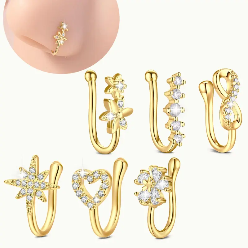 No Piercing Jewelry for Women & Men, Non Piercing Jewelry, U Shape Nose Clips Nose Cuff with Rhinestone Heart Flower Decoration, Fashion Jewelry for Party, Daily Clothing Decor