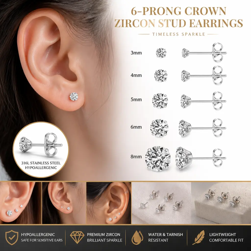 5 Pairs Extra Long Post Earring Set - High Quality 316L Stainless Steel Hypoallergenic Sparkling CZ Diamond Earrings Studs, 3-8mm Cubic Zirconia Piercing Jewelry for Sensitive Ears, Mid Year Sale