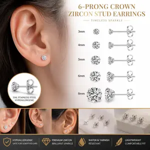5 Pairs Extra Long Post Earring Stack - 316L Stainless Steel Hypoallergenic Studs for Sensitive Ears, 3-8mm Cubic Zirconia Piercing Jewelry, Mid Year Sale Deals