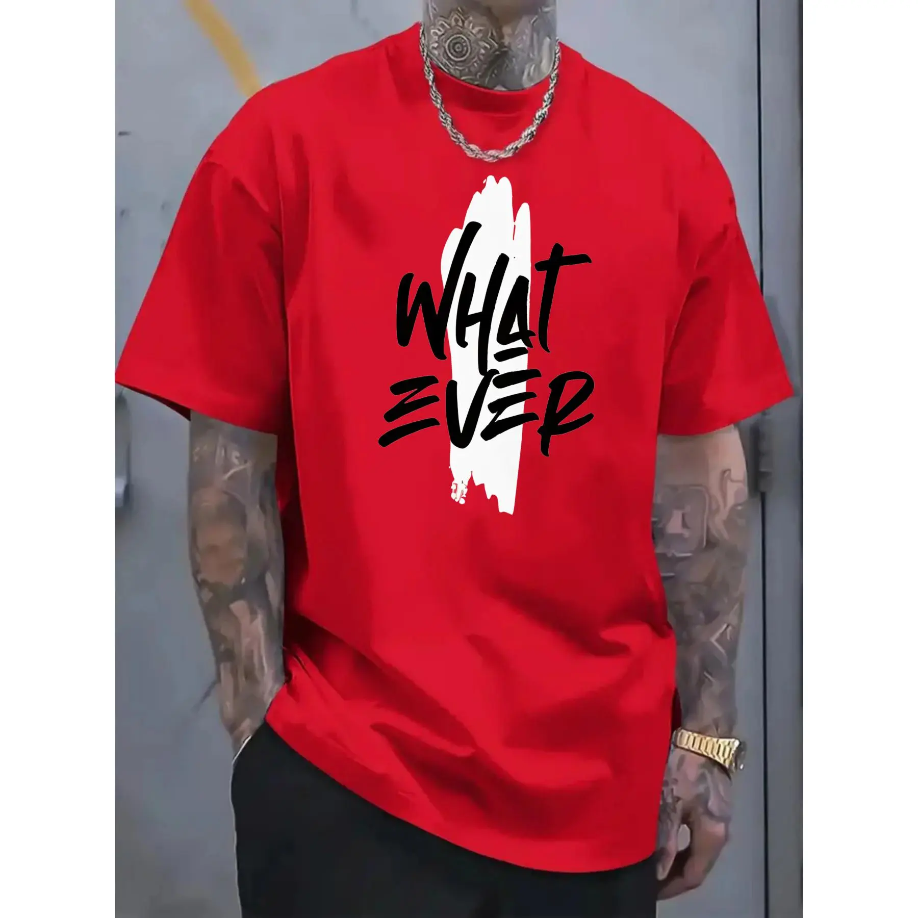 180G Pure Cotton Basic Casual Comfy Undershirt - Round Neck Short-Sleeve Sports Top, Black And White "WHATEVER" Graphic Print on Red Background