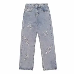 Sopula Studio Men's Men's Cross Lightning Patch Embroidered Street Jeans
