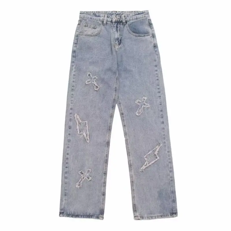 Sopula Studio Men's Fitted Cut Cold Wash Denim Jeans - Streetwear Cotton-Spandex Blue Trousers, Embroidered Cross Lightning, Patch Pockets, Front+Back Print, Expandable, Holiday Party Wear, Standard Sizes
