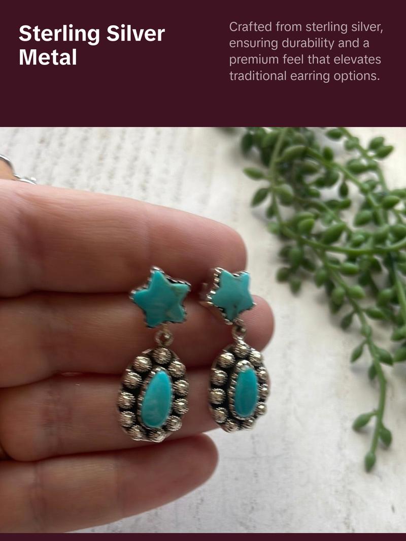 Handmade Star Sterling Silver & Turquoise Dangle Earrings Signed Nizhoni