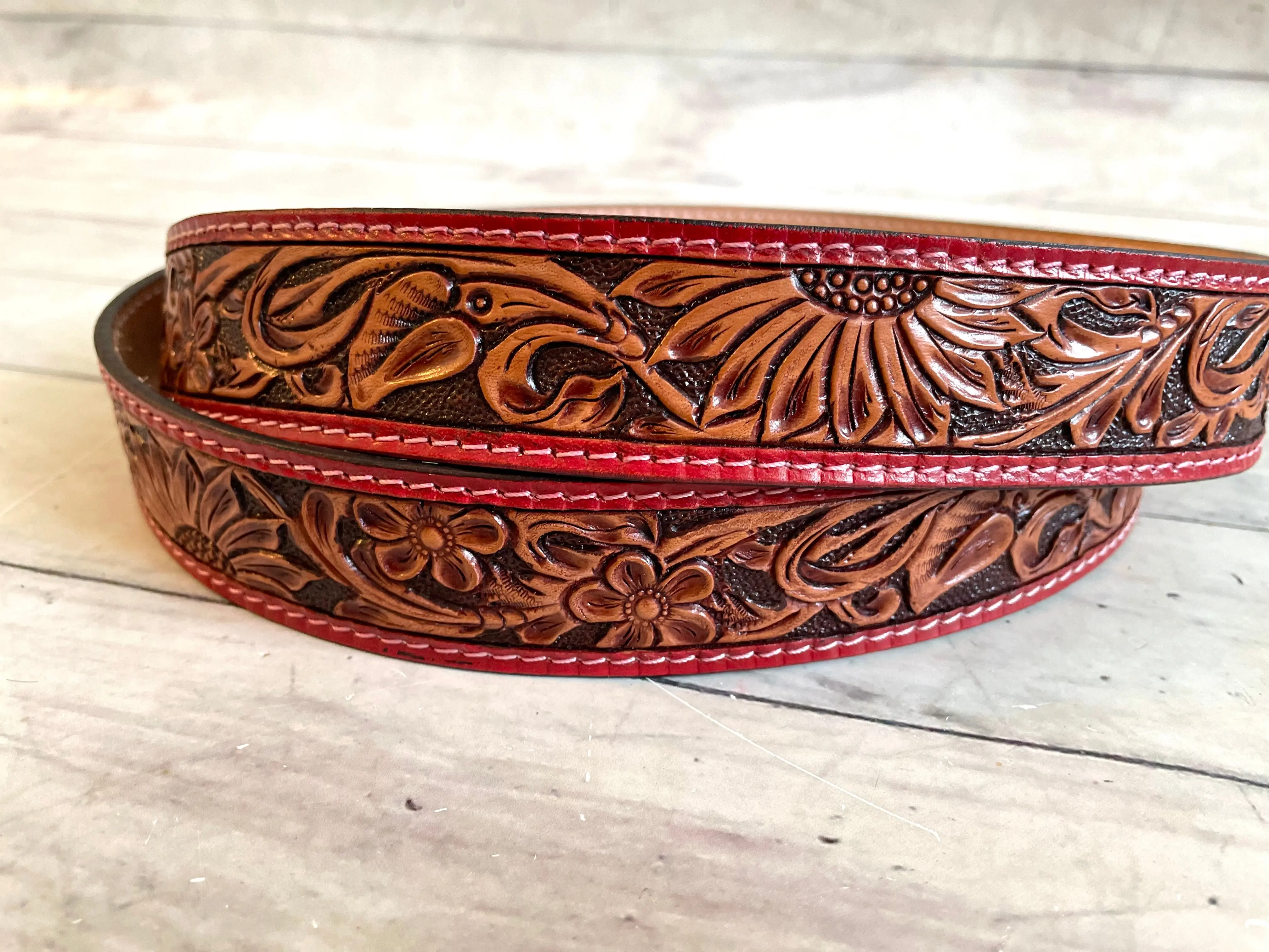 Red Border Sunflower Tooled Leather Handbag Strap