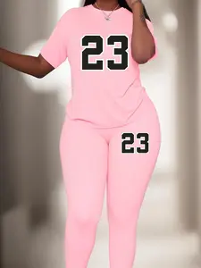 【Plus Size】 Two-piece Set Figure Print Tee & Pants, Casual Round Neck Short Sleeve T-shirt & Trousers for Daily Wear, Women's Two-piece Outfits for Spring & Summer, Womenswear