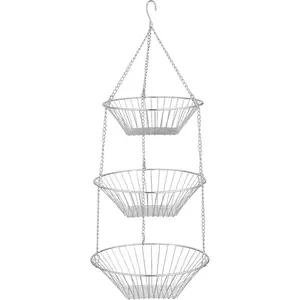 3-Tier Wire Hanging Fruit Basket, Non-Punching Wall Hanging Storage Basket, Suitable for Kitchen Bathroom Closet Garden Organization, Chrome