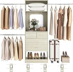 Unikito 48"-96" W Walk-in Closet Organizer Starter Kit, 8FT Sturdy Wood System with 25" Tower, 3 Extendable Hanging Rods, 4 Drawers & Mirror, 1000 LBS Max Load