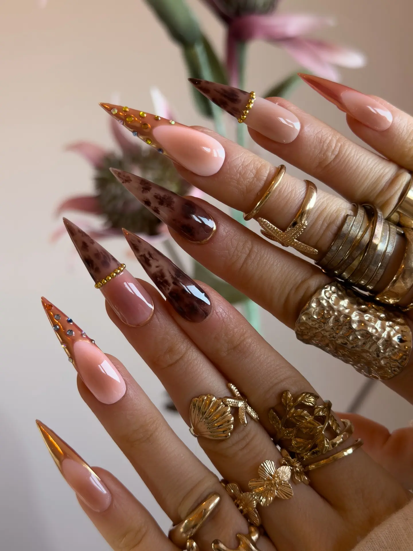 Luxury Tortoiseshell Press On Nails Long Stiletto  Nude Pink Acrylic Fake Nails with Rose Gold Chrome Tips & Rhinestone Accents  Reusable Handmade Glue On Nails for Women