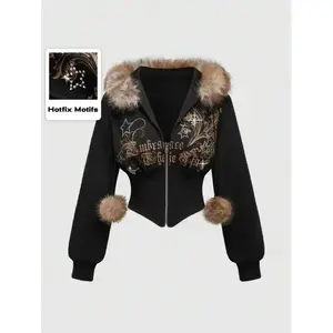 Grunge Punk Y2K Subculture Retro Leopard Print Collar Hoodie, Reconstructed Vine Print Embellished For Women Graduation,Back To School Outfits,Graduation,Teacher Outfits For Women,Back To School Long Sleeve Womenswear