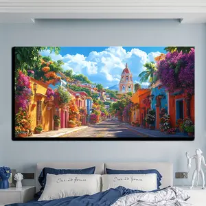 Mexican Village Street Colorful Wall Indoor Wall Decor Mural Mural Living Room Bedroom Office Wall Decor Home Decor Picture Frame, Ready To Hang, 1.5 Inch Thick Pine Solid Wood Frame