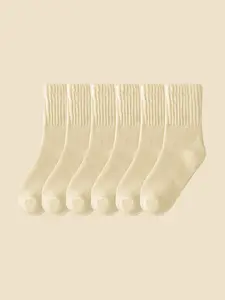 6 Pairs Off-White Women's Winter Socks | Vintage Minimalist Knitted Mid-Crew | Thick Thermal Full Cushioned | for Casual, Office, Everyday | Christmas Gift Set (EU 36-41) Casual Stylish Socks