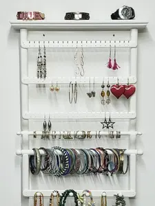 Jewelry Organizers and More Wood Earring Holder Wall Mount with 66 Slots and Holes for Necklaces, Bracelets, and More - Wooden Racks Racks