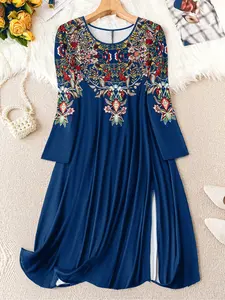 Plus Size Women's Elastic Knit Fabric Fitted American Ethnic Vintage Style Casual Long Sleeve Round Neck Dress with Side Slits for Daily Wear