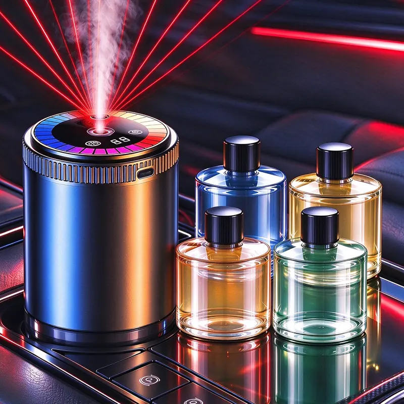 Smart Car Aroma Diffuser with 4 Perfume Bottles, Sound Activated RGB, Star Laser Projection, Vibration Auto On/Off, 5 Mist Levels Car Air Freshener, Holiday gift
