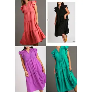 Remi Rose - Umgee Collar split neck short ruffle sleeves tiered midi dress with no lining