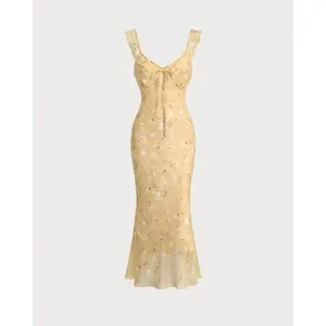 Yellow Floral Ruched Ruffle Midi Dress