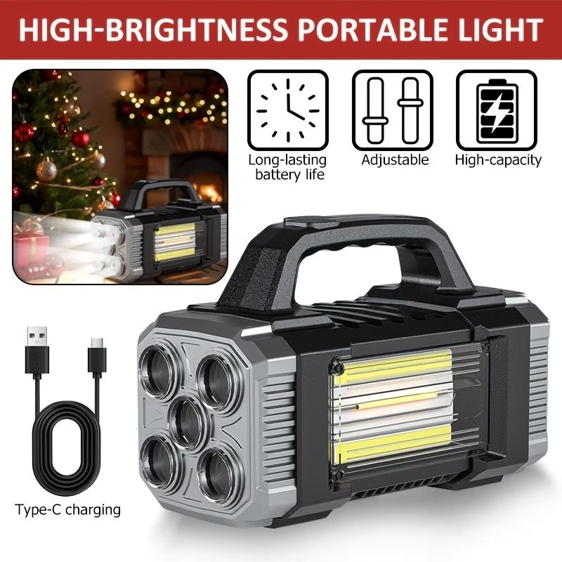 Outdoor COB flashlight, high-brightness and high-lumen rechargeable outdoor spotlight with dual front and rear lights, long-range solar flashlight, suitable for camping, emergencies, hunting and work lighting: protective function Type-C charging