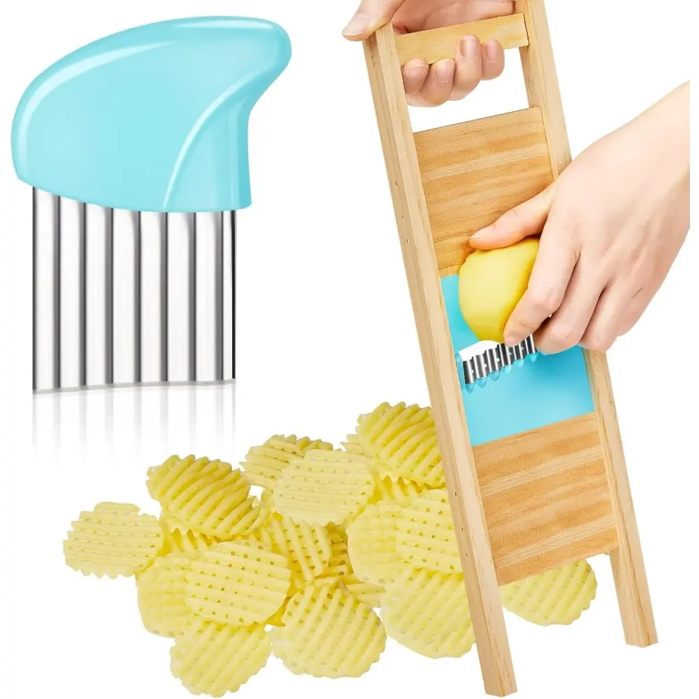 2-Pcs Blue Stainless Steel Wave Waffle Crinkle Cutter Set - Kitchen Utensil Slicers, Vegetable Fruit & Veggie Cutter for Potato Lattice, Carrot Chips