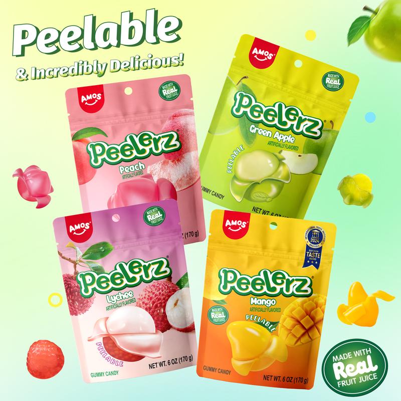 Amos Peelerz - Green Apple Lychee Mango Pineapple Peelable Fruit Gummies Made with Real Juice 8Pack Fruity Mix Sweet Crisp Exotic Candy Snack